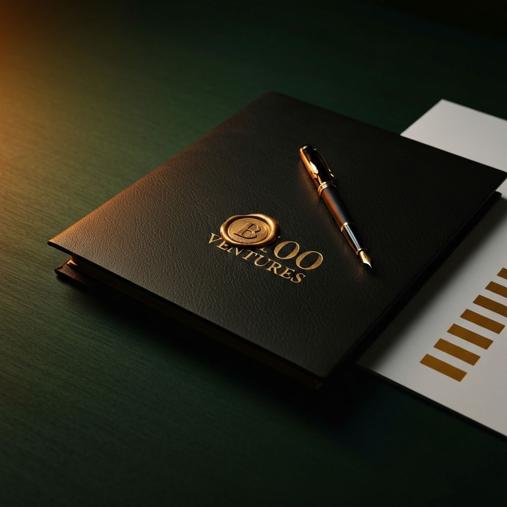 A leather-bound B100 Ventures portfolio dossier embossed in gold, with a wax seal and fountain pen resting on a dark forest-green surface.